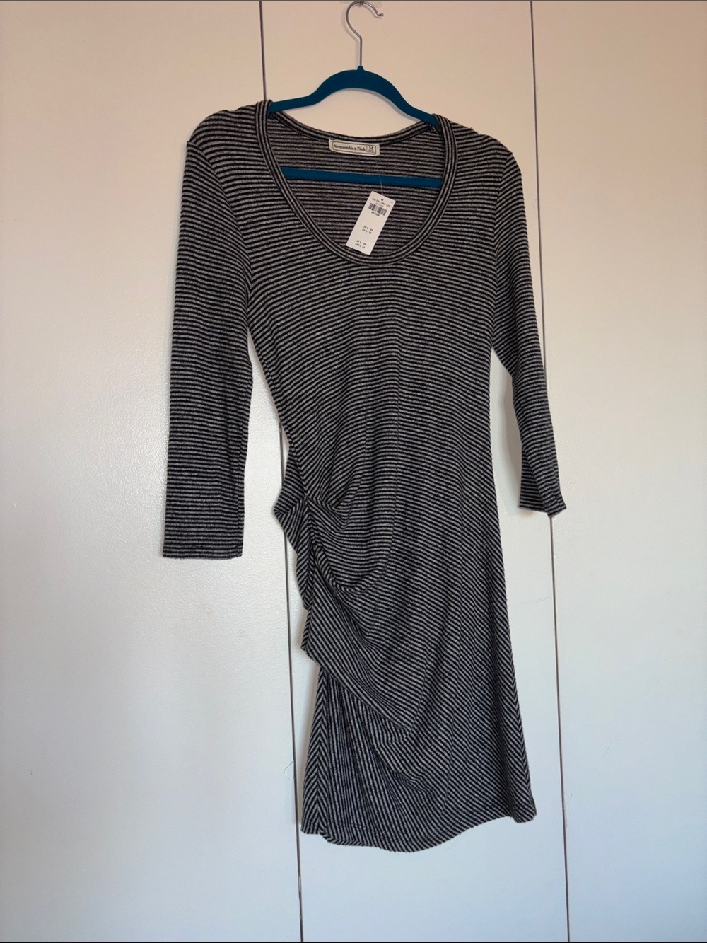 Abercrombie & Fitch Black and Gray Striped Ruched Side Long Sleeve Dress